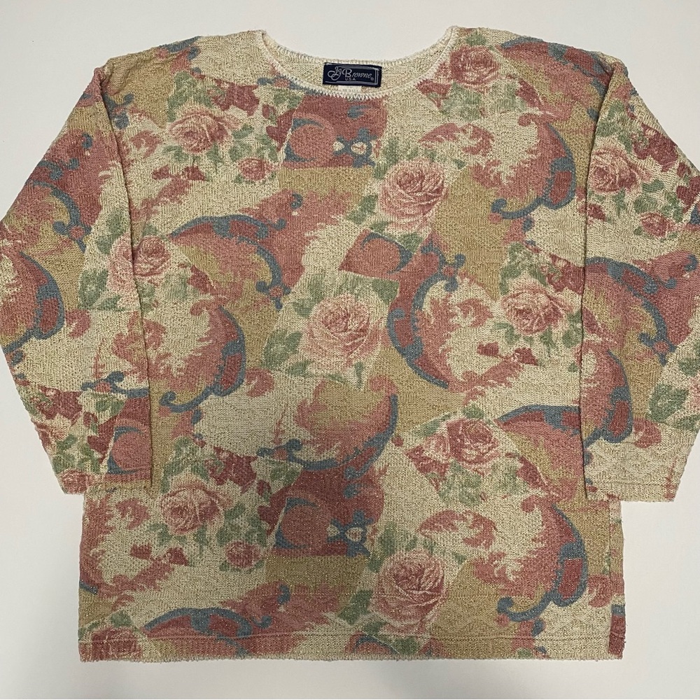 Vintage Womens Pink Foral Sweater M Grandmacore Cottagecore Fairy All Over Print